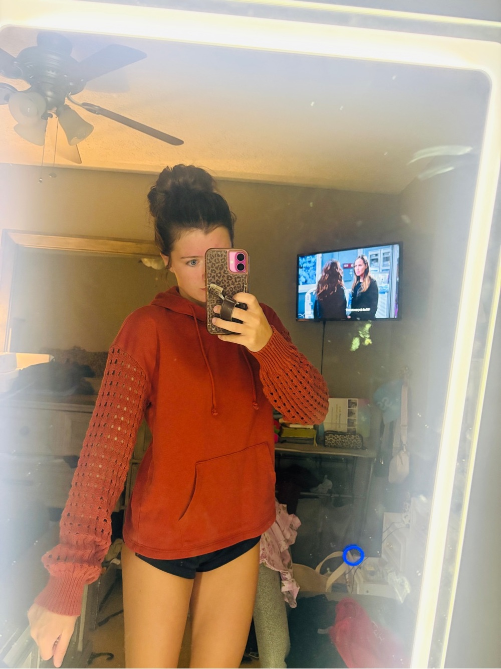 Women's Burnt Orange Hoodie with Crochet Sleeves